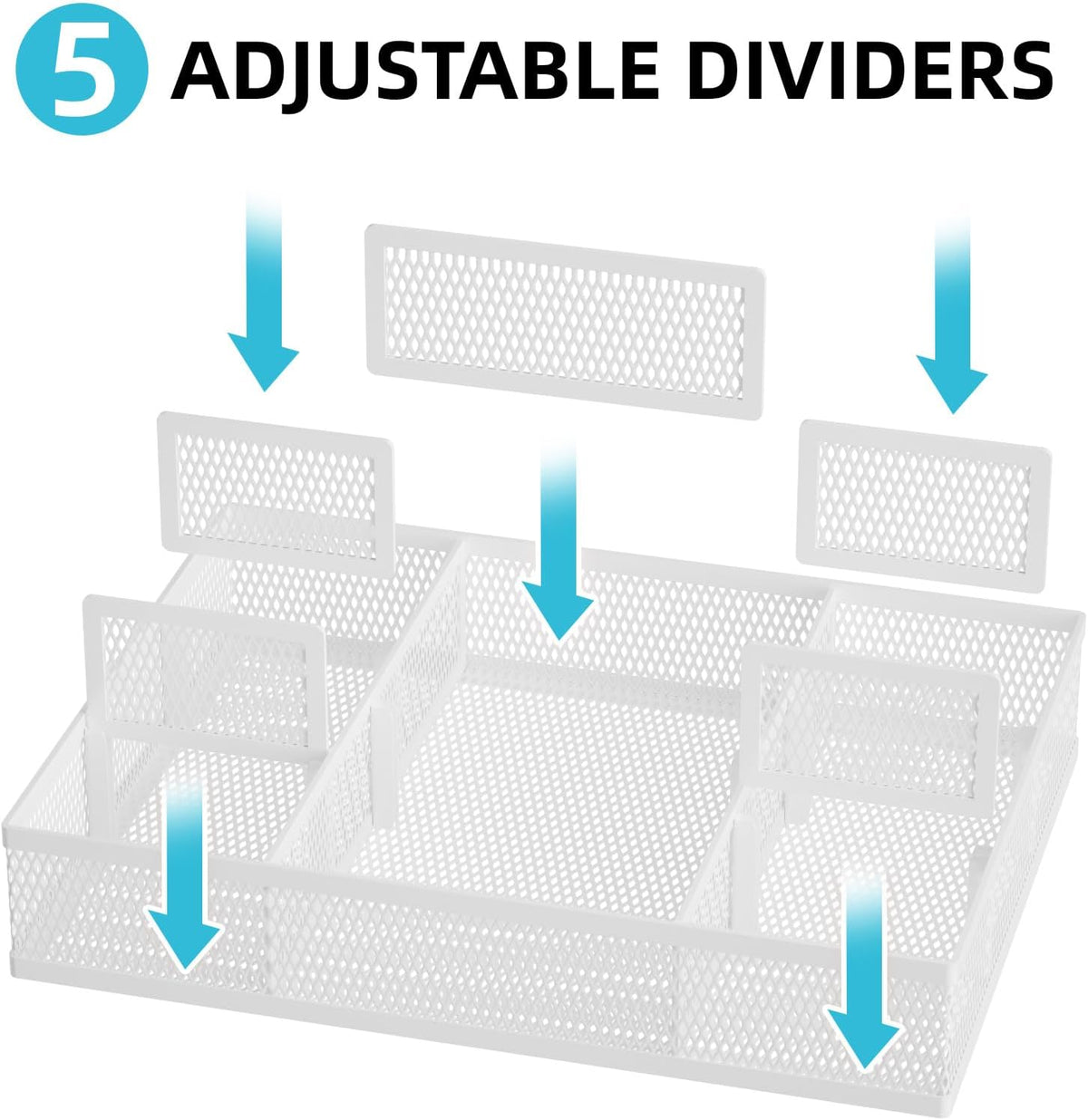 2 Pack Desk Drawer Organizer, Mesh Drawer Organizer Tray with 8 Adjustable Compartments, Desk Organizers and Accessories, 5 Dividers Drawer for Office Supplies, Makeup & Vanity (Black)