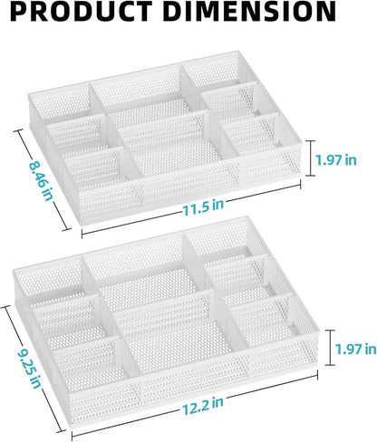 2 Pack Desk Drawer Organizer, Mesh Drawer Organizer Tray with 8 Adjustable Compartments, Desk Organizers and Accessories, 5 Dividers Drawer for Office Supplies, Makeup & Vanity (Black)