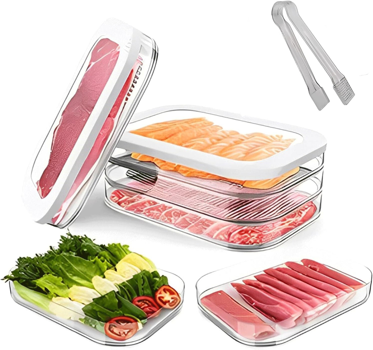 3-Layer Deli Meat Container for Fridge with Tong, Stackable Lunch Meat Storage Box, Airtight Deli Container with Lids for Refrigerator, Food Storage Organizer for Cold Cuts, Ham, Turkey & Salami