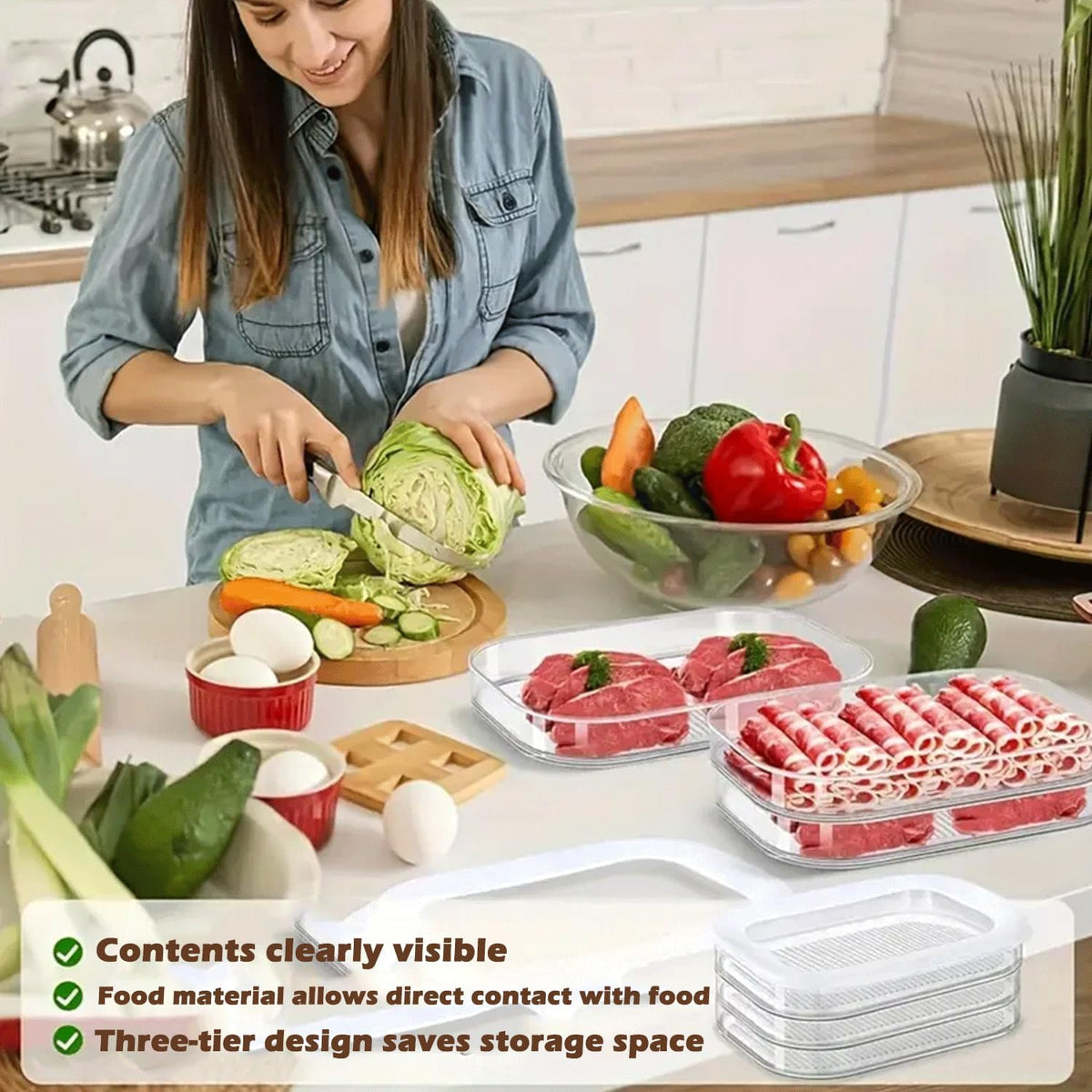3-Layer Deli Meat Container for Fridge with Tong, Stackable Lunch Meat Storage Box, Airtight Deli Container with Lids for Refrigerator, Food Storage Organizer for Cold Cuts, Ham, Turkey & Salami
