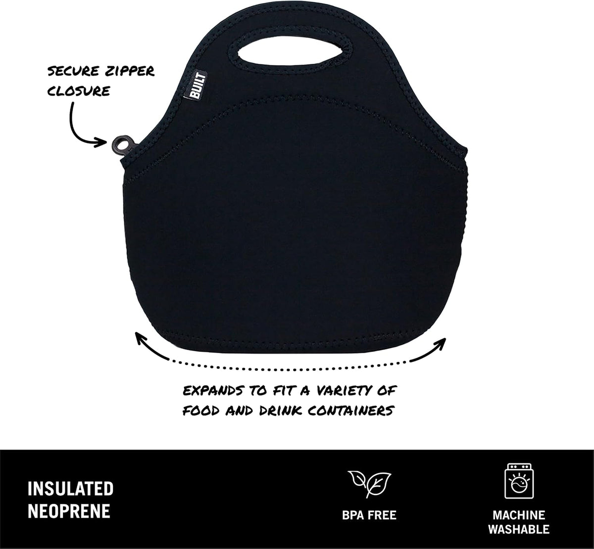 Gourmet Getaway Lunch Bag - Insulated Neoprene Lunch Box for Women and Men, Collapsible and Machine Washable, Black