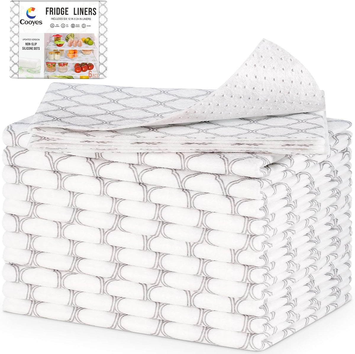 Non Slip Refrigerator Liners, 2-in-1 Fridge Mats and Fresh-Keeping Shelf Liners, Absorbs Excess Moisture, BPA-Free, Multiple Sizes for Glass Shelves Kitchen Cabinets Drawers, 6 Pack, 12" × 24"