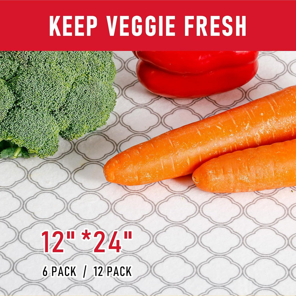 Non Slip Refrigerator Liners, 2-in-1 Fridge Mats and Fresh-Keeping Shelf Liners, Absorbs Excess Moisture, BPA-Free, Multiple Sizes for Glass Shelves Kitchen Cabinets Drawers, 6 Pack, 12" × 24"