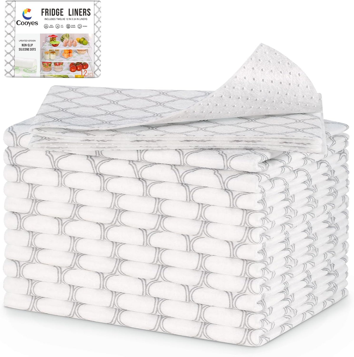 Non Slip Refrigerator Liners, 2-in-1 Fridge Mats and Fresh-Keeping Shelf Liners, Absorbs Excess Moisture, BPA-Free, Multiple Sizes for Glass Shelves Kitchen Cabinets Drawers, 6 Pack, 12" × 24"