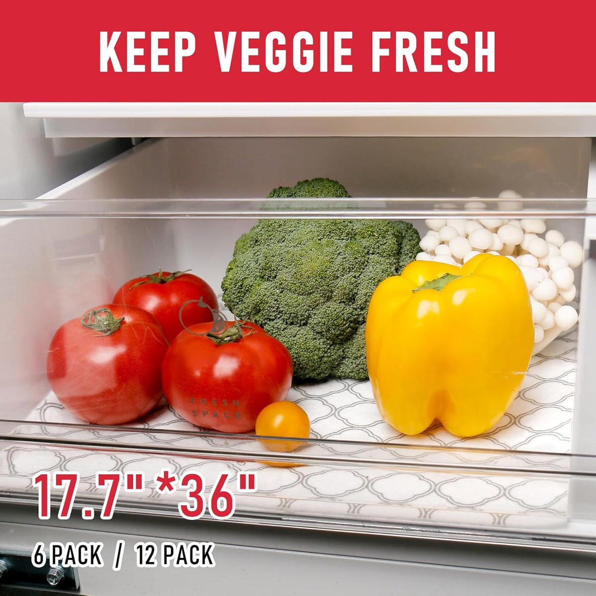 Non Slip Refrigerator Liners, 2-in-1 Fridge Mats and Fresh-Keeping Shelf Liners, Absorbs Excess Moisture, BPA-Free, Multiple Sizes for Glass Shelves Kitchen Cabinets Drawers, 6 Pack, 12" × 24"