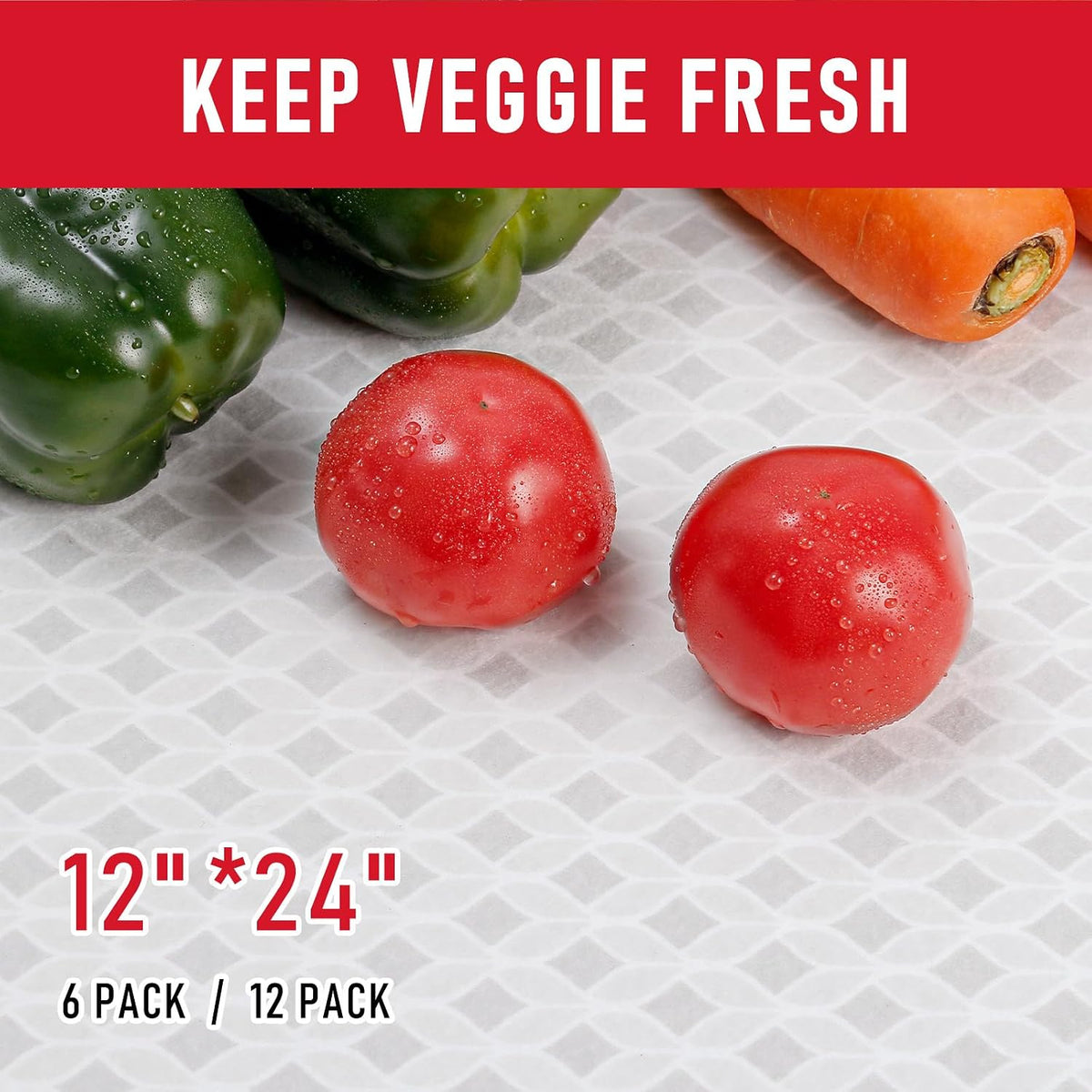 Non Slip Refrigerator Liners, 2-in-1 Fridge Mats and Fresh-Keeping Shelf Liners, Absorbs Excess Moisture, BPA-Free, Multiple Sizes for Glass Shelves Kitchen Cabinets Drawers, 6 Pack, 12" × 24"