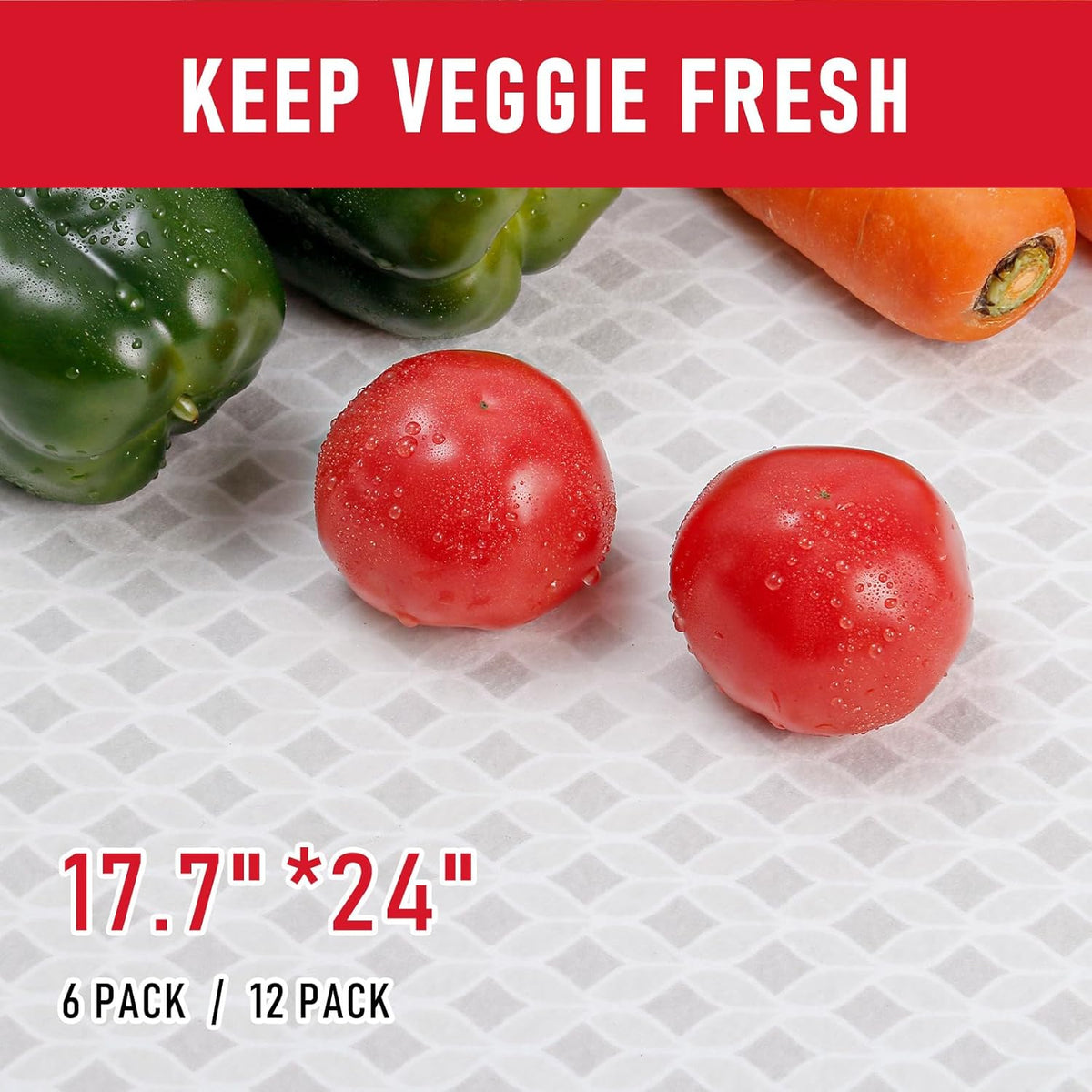 Non Slip Refrigerator Liners, 2-in-1 Fridge Mats and Fresh-Keeping Shelf Liners, Absorbs Excess Moisture, BPA-Free, Multiple Sizes for Glass Shelves Kitchen Cabinets Drawers, 6 Pack, 12" × 24"