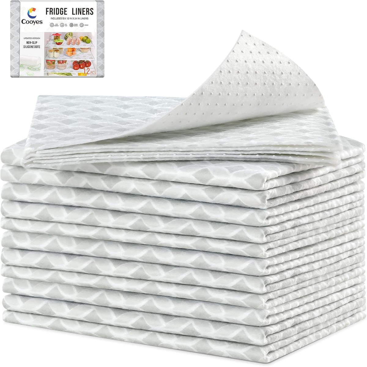 Non Slip Refrigerator Liners, 2-in-1 Fridge Mats and Fresh-Keeping Shelf Liners, Absorbs Excess Moisture, BPA-Free, Multiple Sizes for Glass Shelves Kitchen Cabinets Drawers, 6 Pack, 12" × 24"