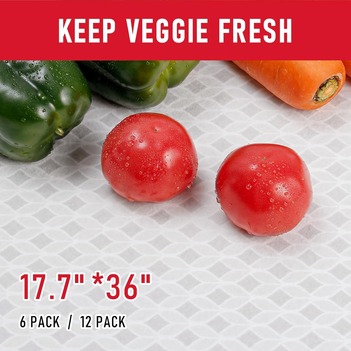 Non Slip Refrigerator Liners, 2-in-1 Fridge Mats and Fresh-Keeping Shelf Liners, Absorbs Excess Moisture, BPA-Free, Multiple Sizes for Glass Shelves Kitchen Cabinets Drawers, 6 Pack, 12" × 24"