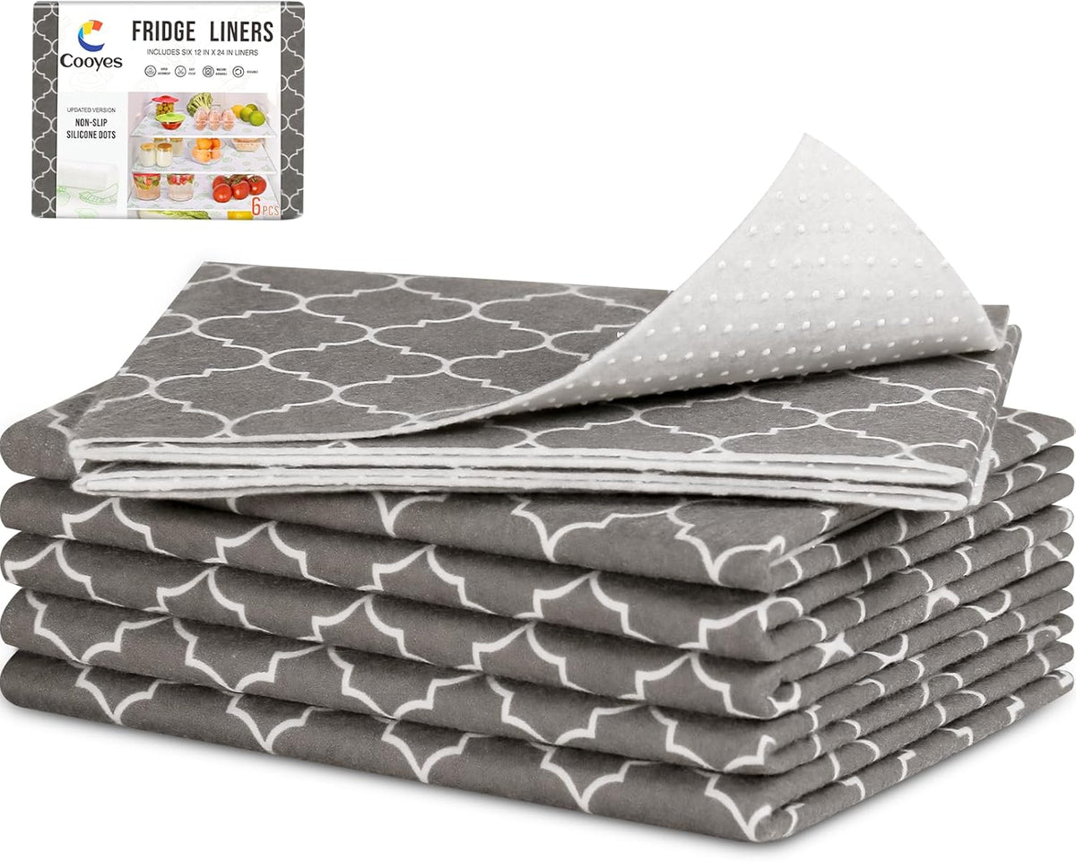 Non Slip Refrigerator Liners, 2-in-1 Fridge Mats and Fresh-Keeping Shelf Liners, Absorbs Excess Moisture, BPA-Free, Multiple Sizes for Glass Shelves Kitchen Cabinets Drawers, 6 Pack, 12" × 24"