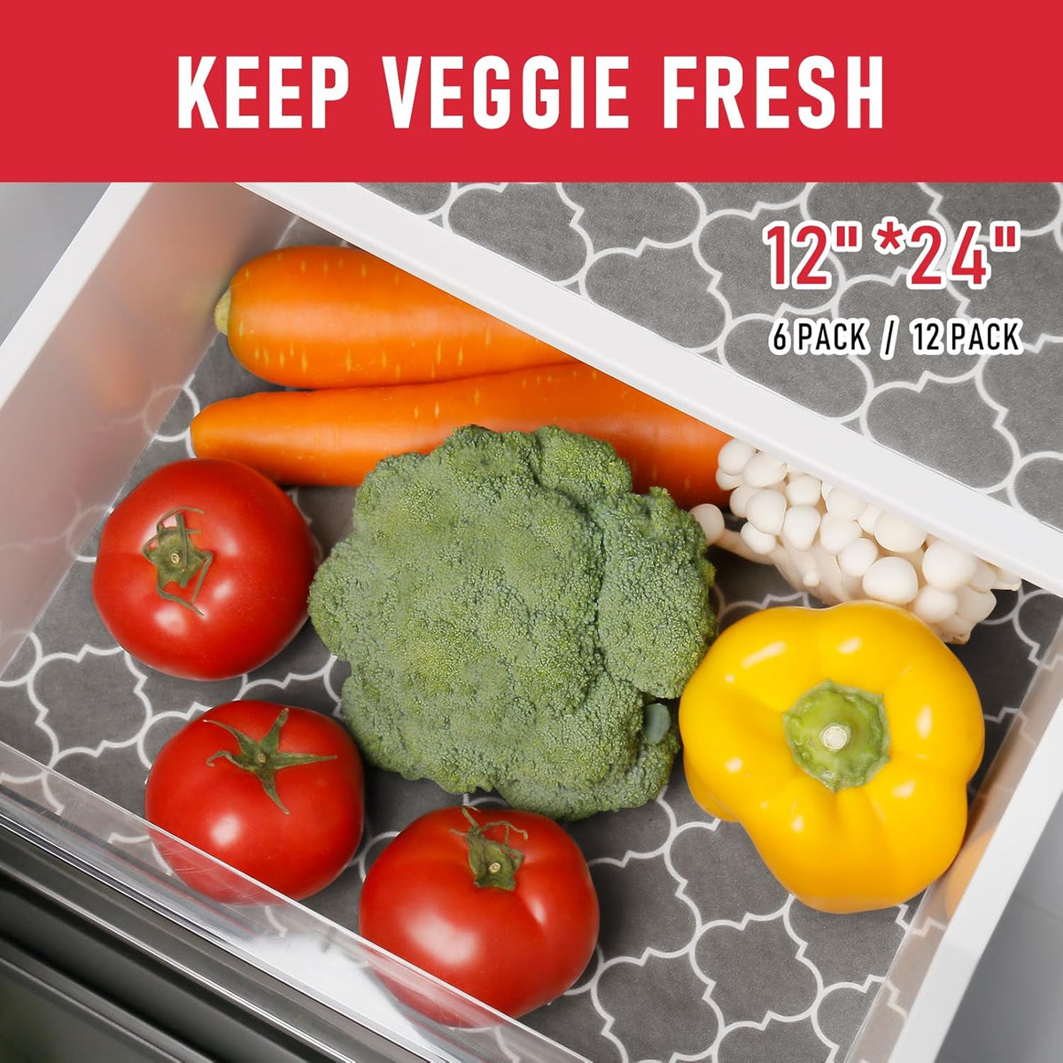 Non Slip Refrigerator Liners, 2-in-1 Fridge Mats and Fresh-Keeping Shelf Liners, Absorbs Excess Moisture, BPA-Free, Multiple Sizes for Glass Shelves Kitchen Cabinets Drawers, 6 Pack, 12" × 24"