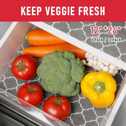 Non Slip Refrigerator Liners, 2-in-1 Fridge Mats and Fresh-Keeping Shelf Liners, Absorbs Excess Moisture, BPA-Free, Multiple Sizes for Glass Shelves Kitchen Cabinets Drawers, 6 Pack, 12" × 24"