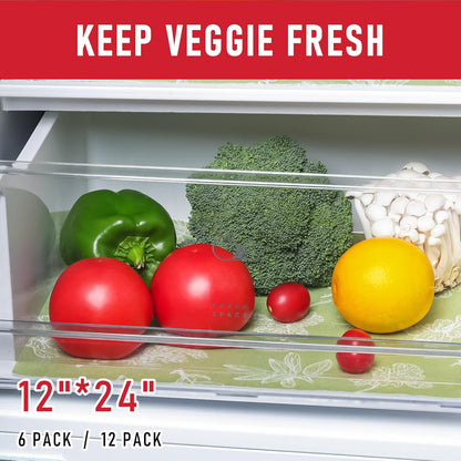 Non Slip Refrigerator Liners, 2-in-1 Fridge Mats and Fresh-Keeping Shelf Liners, Absorbs Excess Moisture, BPA-Free, Multiple Sizes for Glass Shelves Kitchen Cabinets Drawers, 6 Pack, 12" × 24"