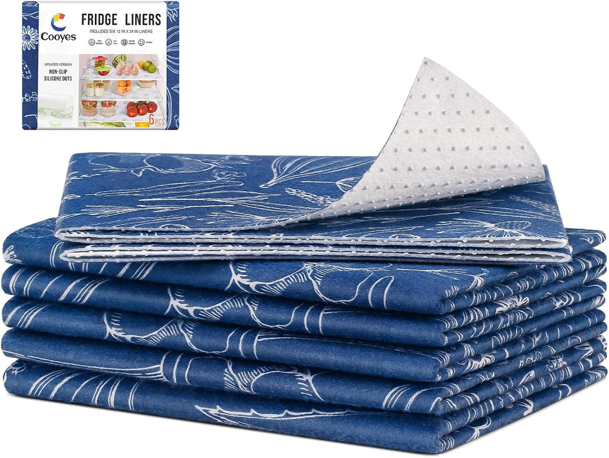 Non Slip Refrigerator Liners, 2-in-1 Fridge Mats and Fresh-Keeping Shelf Liners, Absorbs Excess Moisture, BPA-Free, Multiple Sizes for Glass Shelves Kitchen Cabinets Drawers, 6 Pack, 12" × 24"