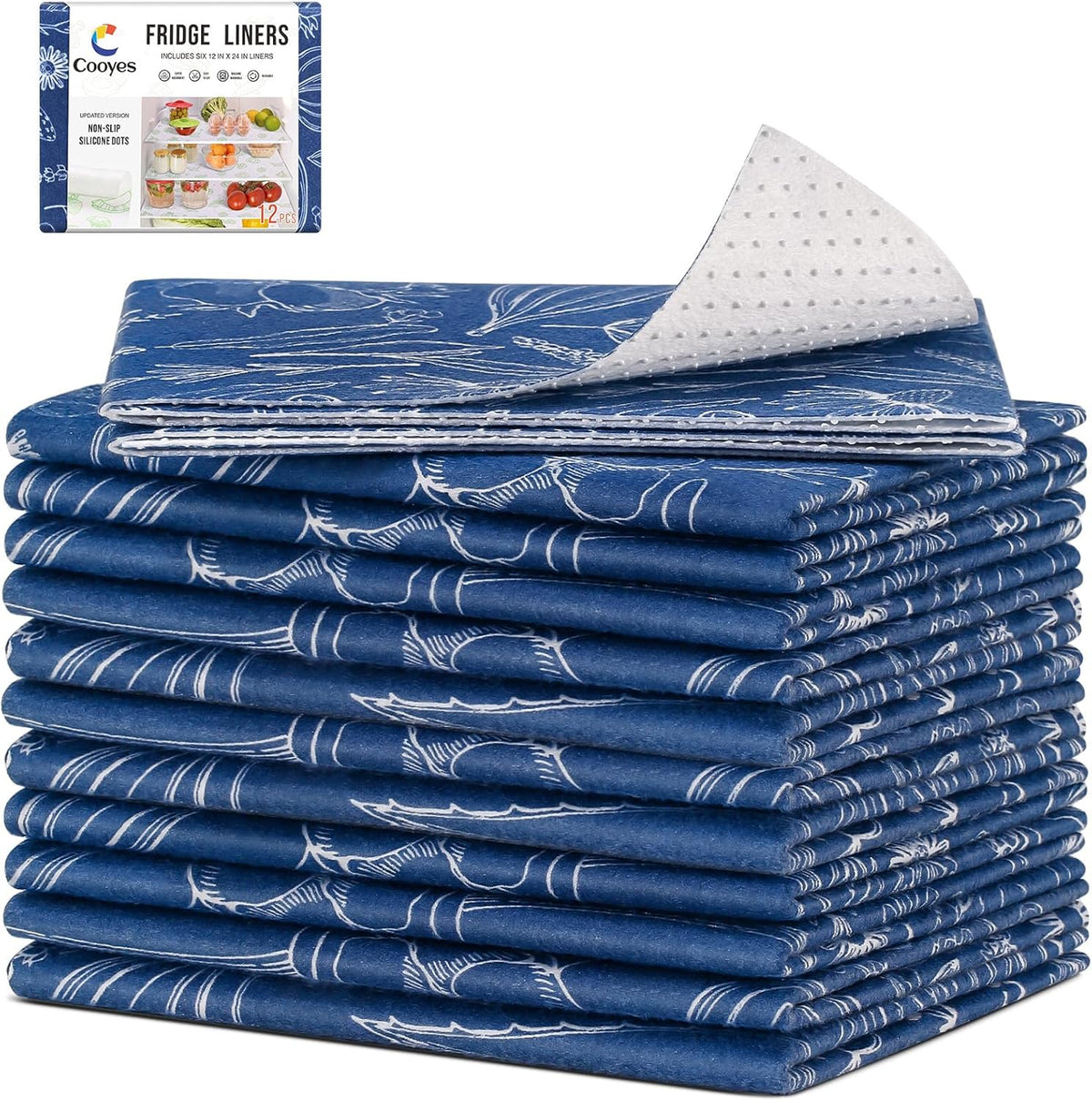 Non Slip Refrigerator Liners, 2-in-1 Fridge Mats and Fresh-Keeping Shelf Liners, Absorbs Excess Moisture, BPA-Free, Multiple Sizes for Glass Shelves Kitchen Cabinets Drawers, 6 Pack, 12" × 24"
