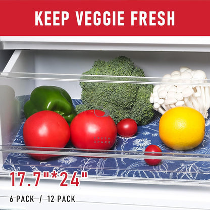 Non Slip Refrigerator Liners, 2-in-1 Fridge Mats and Fresh-Keeping Shelf Liners, Absorbs Excess Moisture, BPA-Free, Multiple Sizes for Glass Shelves Kitchen Cabinets Drawers, 6 Pack, 12" × 24"