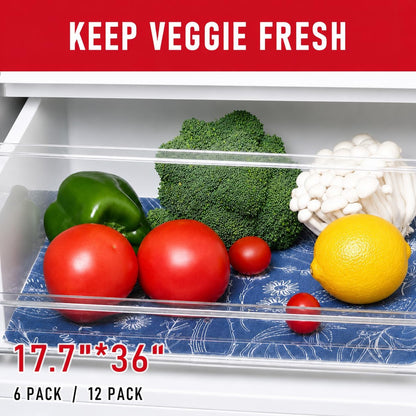 Non Slip Refrigerator Liners, 2-in-1 Fridge Mats and Fresh-Keeping Shelf Liners, Absorbs Excess Moisture, BPA-Free, Multiple Sizes for Glass Shelves Kitchen Cabinets Drawers, 6 Pack, 12" × 24"