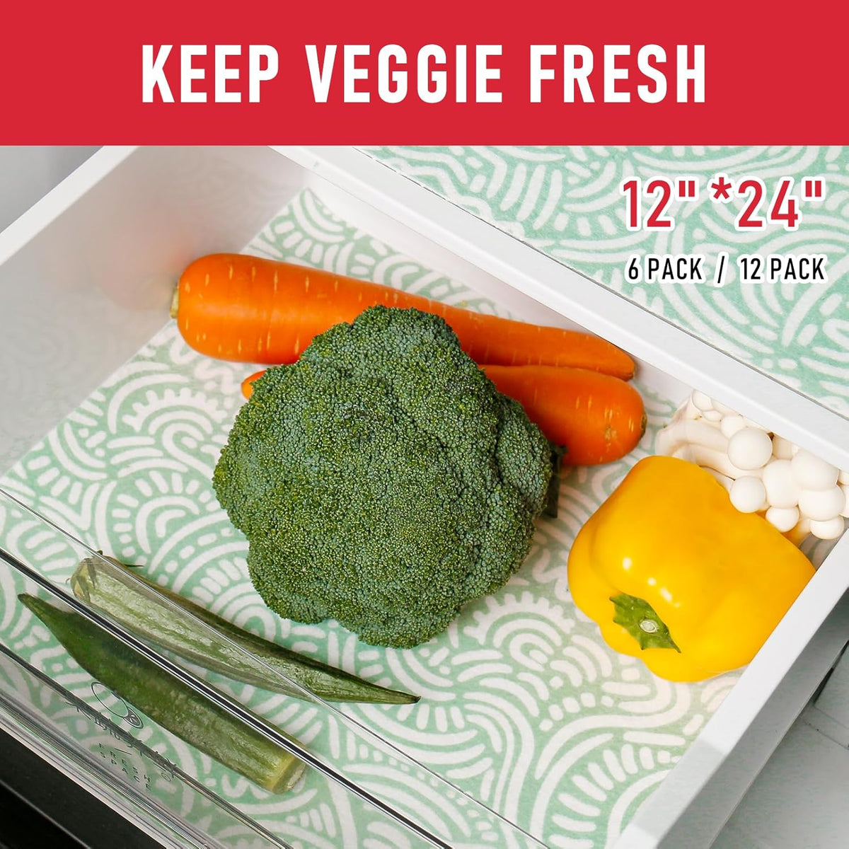Non Slip Refrigerator Liners, 2-in-1 Fridge Mats and Fresh-Keeping Shelf Liners, Absorbs Excess Moisture, BPA-Free, Multiple Sizes for Glass Shelves Kitchen Cabinets Drawers, 6 Pack, 12" × 24"