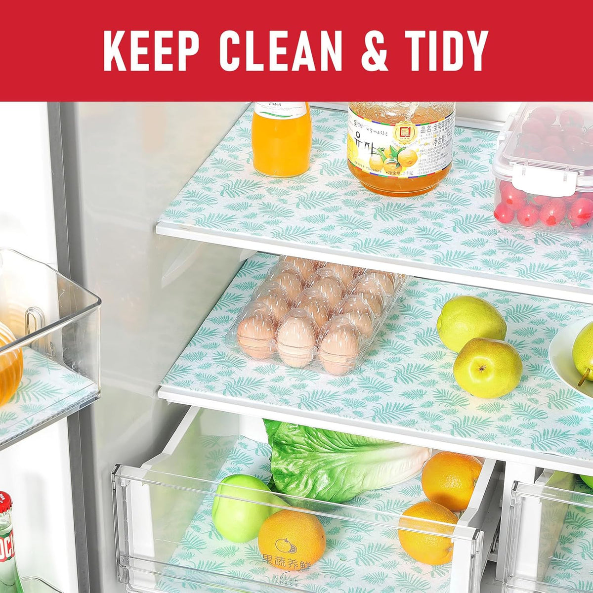 Non Slip Refrigerator Liners, 2-in-1 Fridge Mats and Fresh-Keeping Shelf Liners, Absorbs Excess Moisture, BPA-Free, Multiple Sizes for Glass Shelves Kitchen Cabinets Drawers, 6 Pack, 12" × 24"