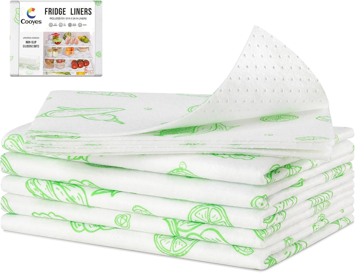 Non Slip Refrigerator Liners, 2-in-1 Fridge Mats and Fresh-Keeping Shelf Liners, Absorbs Excess Moisture, BPA-Free, Multiple Sizes for Glass Shelves Kitchen Cabinets Drawers, 6 Pack, 12" × 24"