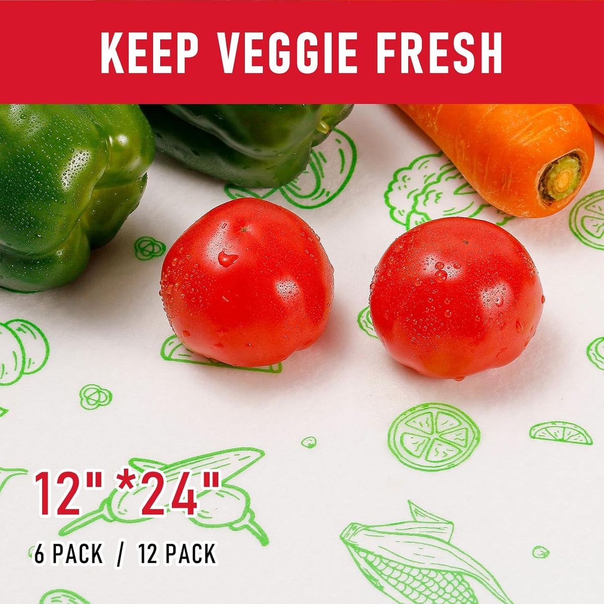 Non Slip Refrigerator Liners, 2-in-1 Fridge Mats and Fresh-Keeping Shelf Liners, Absorbs Excess Moisture, BPA-Free, Multiple Sizes for Glass Shelves Kitchen Cabinets Drawers, 6 Pack, 12" × 24"
