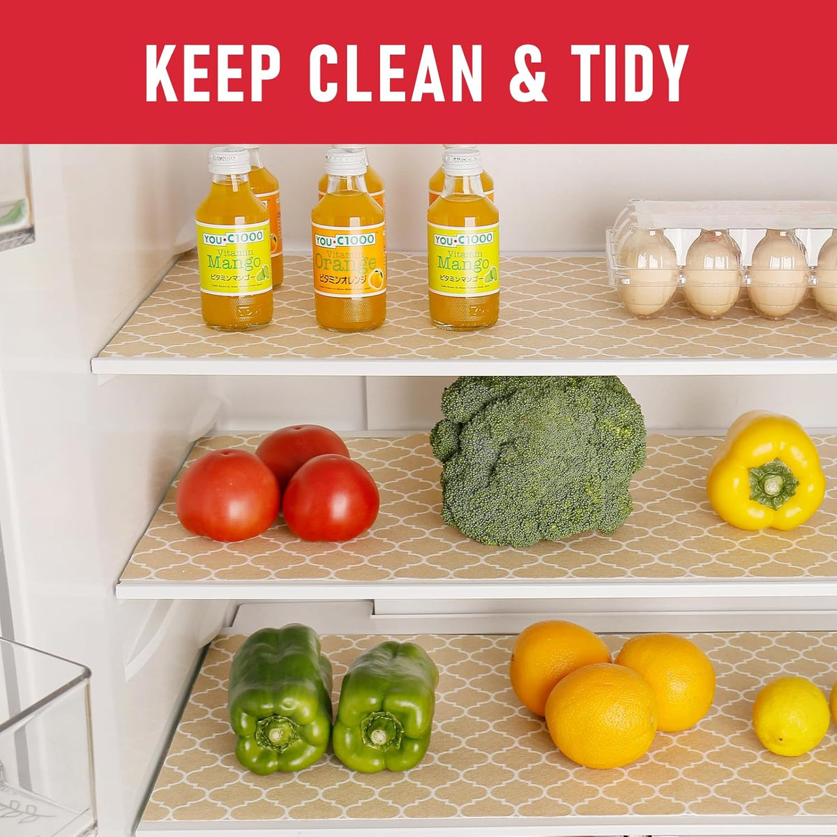 Non Slip Refrigerator Liners, 2-in-1 Fridge Mats and Fresh-Keeping Shelf Liners, Absorbs Excess Moisture, BPA-Free, Multiple Sizes for Glass Shelves Kitchen Cabinets Drawers, 6 Pack, 12" × 24"