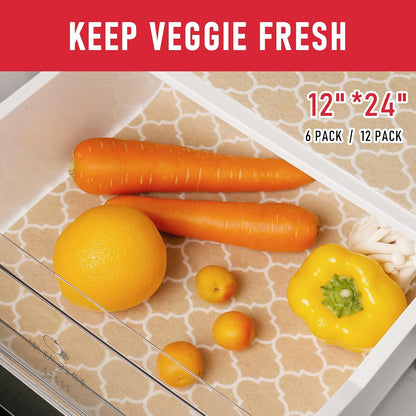 Non Slip Refrigerator Liners, 2-in-1 Fridge Mats and Fresh-Keeping Shelf Liners, Absorbs Excess Moisture, BPA-Free, Multiple Sizes for Glass Shelves Kitchen Cabinets Drawers, 6 Pack, 12" × 24"