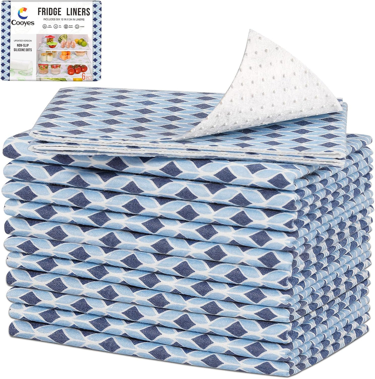 Non Slip Refrigerator Liners, 2-in-1 Fridge Mats and Fresh-Keeping Shelf Liners, Absorbs Excess Moisture, BPA-Free, Multiple Sizes for Glass Shelves Kitchen Cabinets Drawers, 6 Pack, 12" × 24"