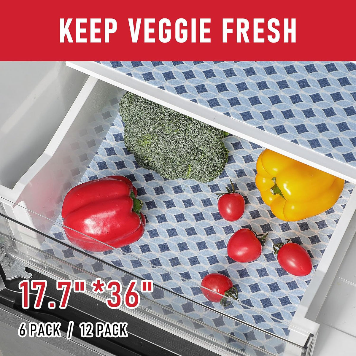 Non Slip Refrigerator Liners, 2-in-1 Fridge Mats and Fresh-Keeping Shelf Liners, Absorbs Excess Moisture, BPA-Free, Multiple Sizes for Glass Shelves Kitchen Cabinets Drawers, 6 Pack, 12" × 24"