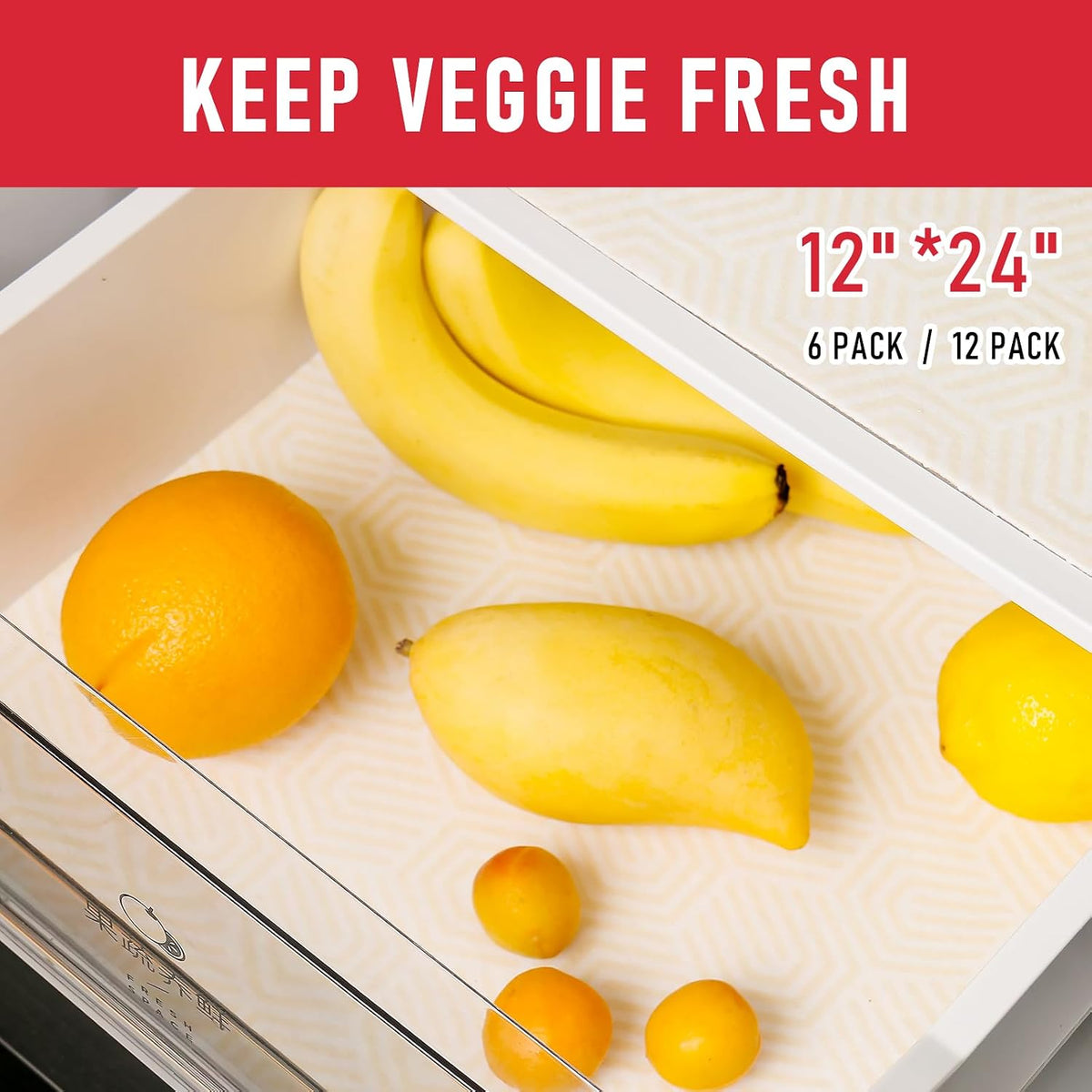 Non Slip Refrigerator Liners, 2-in-1 Fridge Mats and Fresh-Keeping Shelf Liners, Absorbs Excess Moisture, BPA-Free, Multiple Sizes for Glass Shelves Kitchen Cabinets Drawers, 6 Pack, 12" × 24"