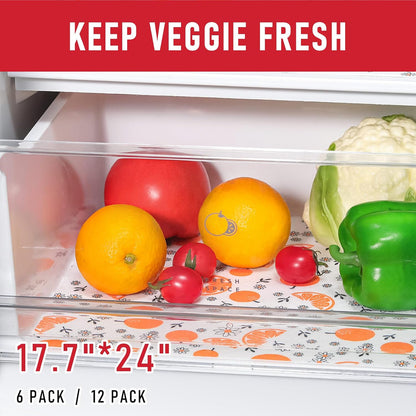 Non Slip Refrigerator Liners, 2-in-1 Fridge Mats and Fresh-Keeping Shelf Liners, Absorbs Excess Moisture, BPA-Free, Multiple Sizes for Glass Shelves Kitchen Cabinets Drawers, 6 Pack, 12" × 24"