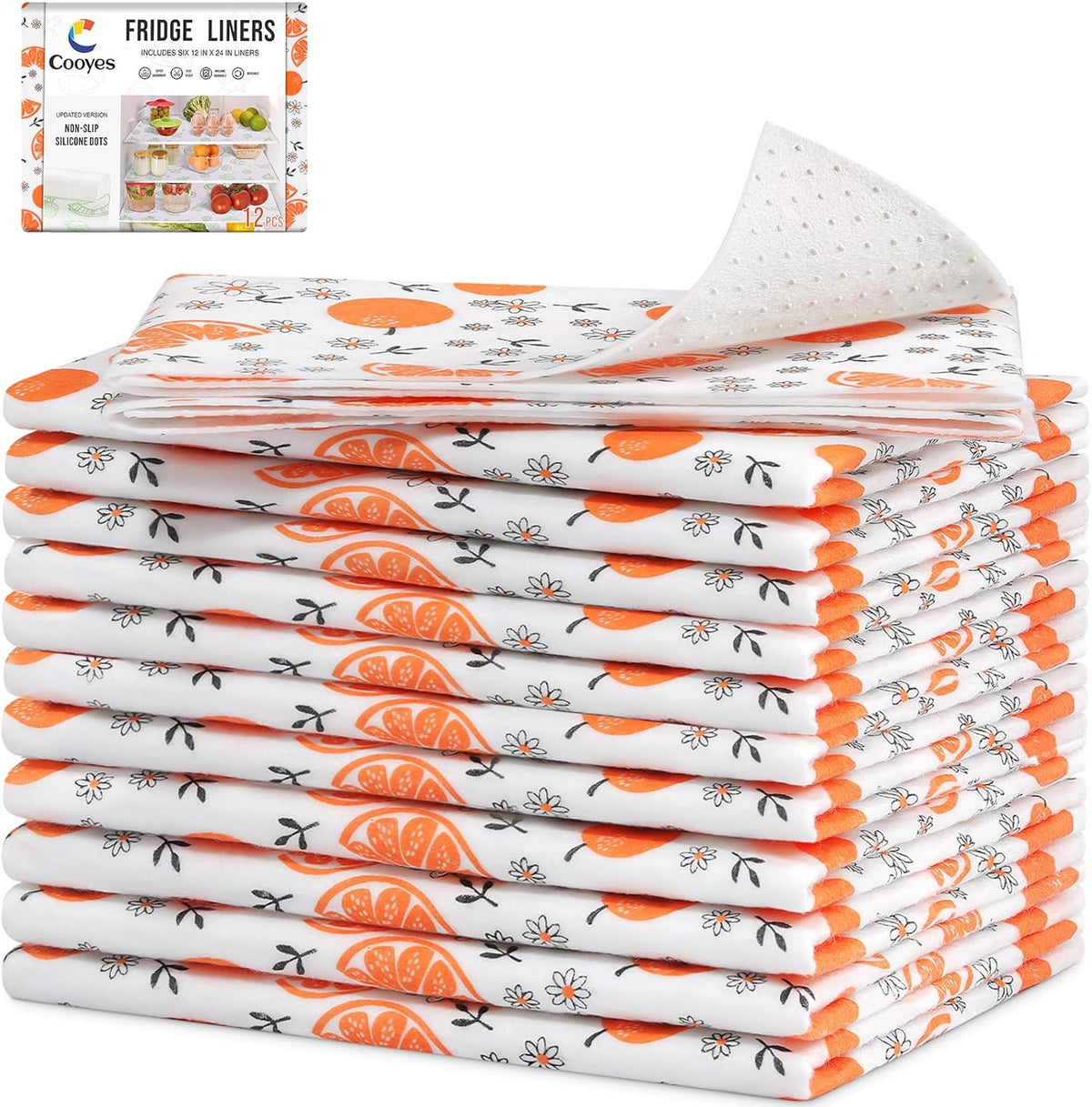 Non Slip Refrigerator Liners, 2-in-1 Fridge Mats and Fresh-Keeping Shelf Liners, Absorbs Excess Moisture, BPA-Free, Multiple Sizes for Glass Shelves Kitchen Cabinets Drawers, 6 Pack, 12" × 24"