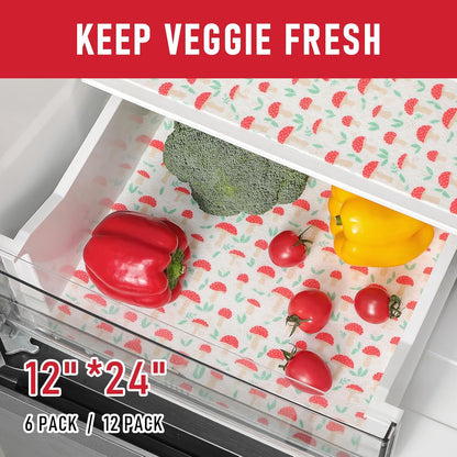 Non Slip Refrigerator Liners, 2-in-1 Fridge Mats and Fresh-Keeping Shelf Liners, Absorbs Excess Moisture, BPA-Free, Multiple Sizes for Glass Shelves Kitchen Cabinets Drawers, 6 Pack, 12" × 24"
