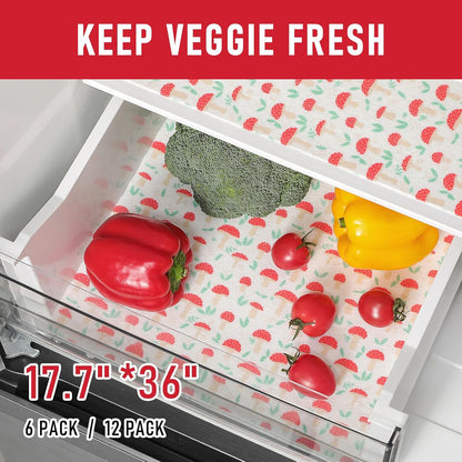 Non Slip Refrigerator Liners, 2-in-1 Fridge Mats and Fresh-Keeping Shelf Liners, Absorbs Excess Moisture, BPA-Free, Multiple Sizes for Glass Shelves Kitchen Cabinets Drawers, 6 Pack, 12" × 24"