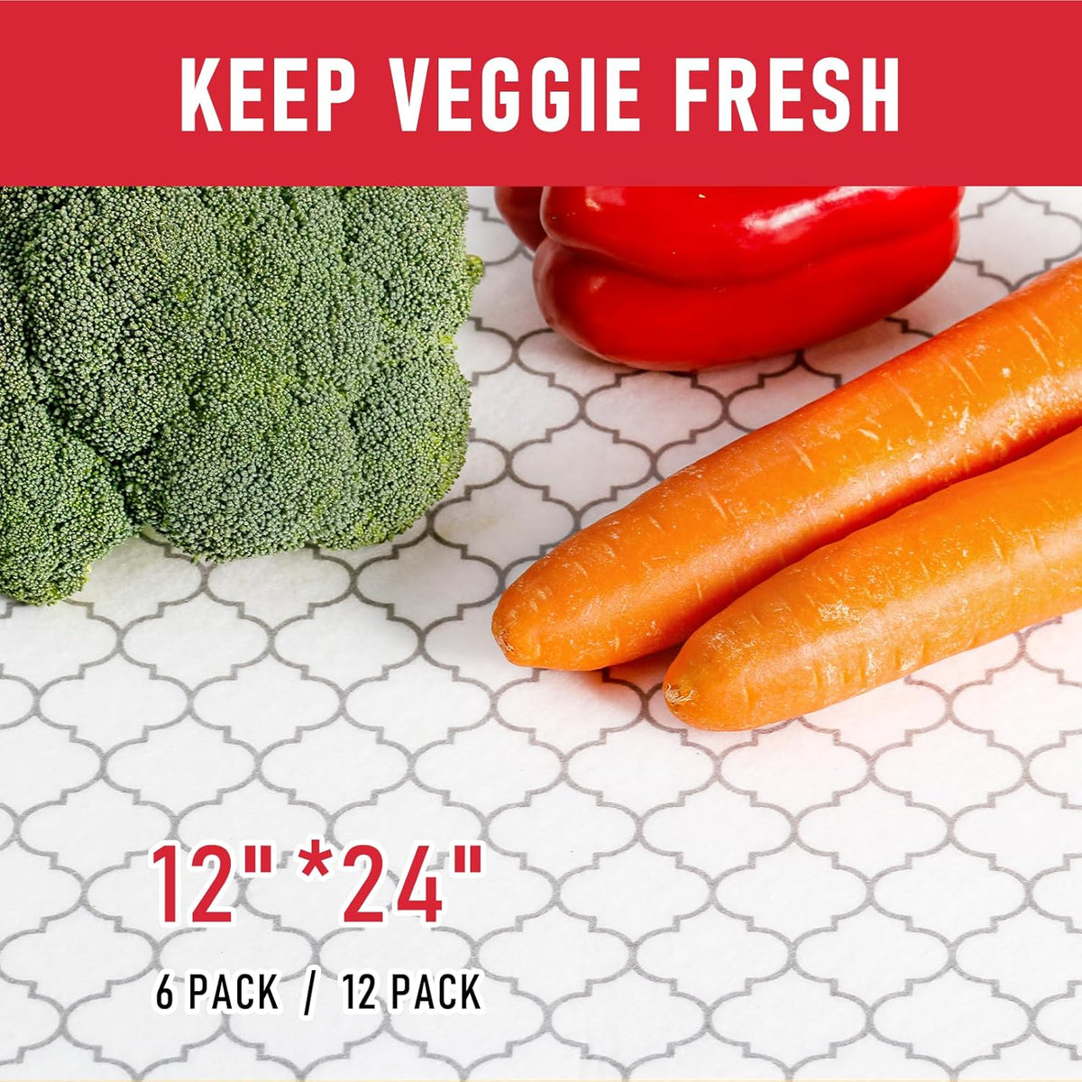 Non Slip Refrigerator Liners, 2-in-1 Fridge Mats and Fresh-Keeping Shelf Liners, Absorbs Excess Moisture, BPA-Free, Multiple Sizes for Glass Shelves Kitchen Cabinets Drawers, 6 Pack, 12" × 24"