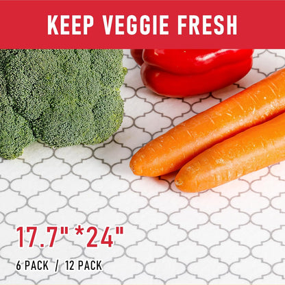 Non Slip Refrigerator Liners, 2-in-1 Fridge Mats and Fresh-Keeping Shelf Liners, Absorbs Excess Moisture, BPA-Free, Multiple Sizes for Glass Shelves Kitchen Cabinets Drawers, 6 Pack, 12" × 24"