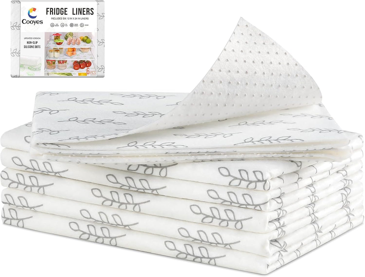 Non Slip Refrigerator Liners, 2-in-1 Fridge Mats and Fresh-Keeping Shelf Liners, Absorbs Excess Moisture, BPA-Free, Multiple Sizes for Glass Shelves Kitchen Cabinets Drawers, 6 Pack, 12" × 24"
