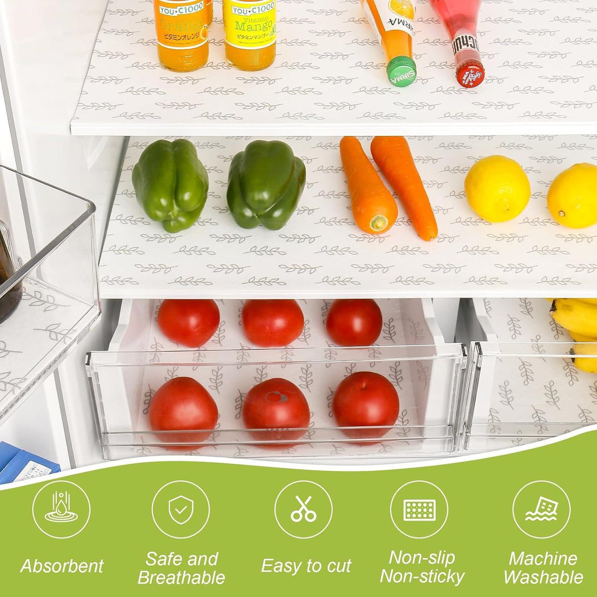 Non Slip Refrigerator Liners, 2-in-1 Fridge Mats and Fresh-Keeping Shelf Liners, Absorbs Excess Moisture, BPA-Free, Multiple Sizes for Glass Shelves Kitchen Cabinets Drawers, 6 Pack, 12" × 24"