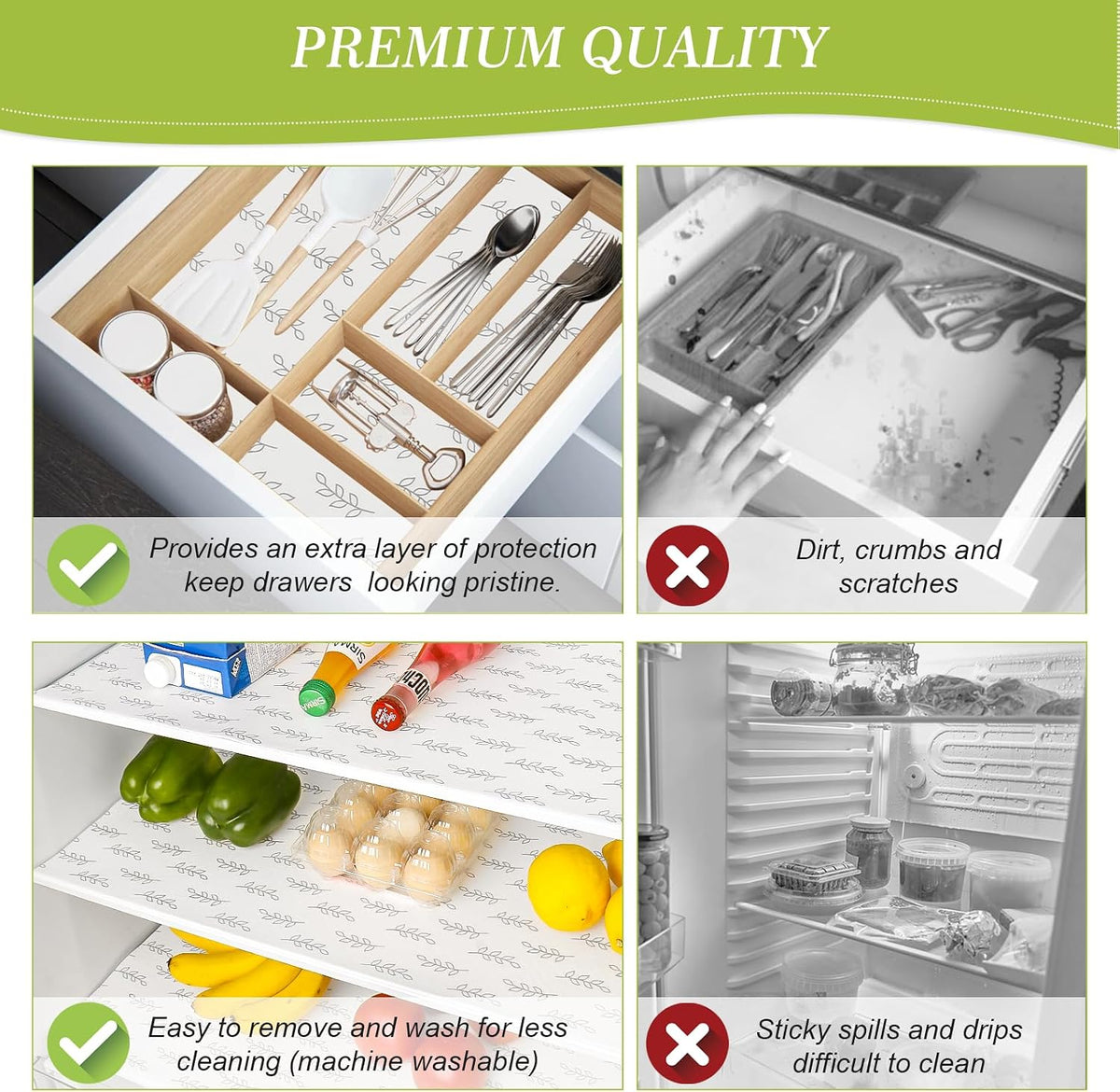 Non Slip Refrigerator Liners, 2-in-1 Fridge Mats and Fresh-Keeping Shelf Liners, Absorbs Excess Moisture, BPA-Free, Multiple Sizes for Glass Shelves Kitchen Cabinets Drawers, 6 Pack, 12" × 24"