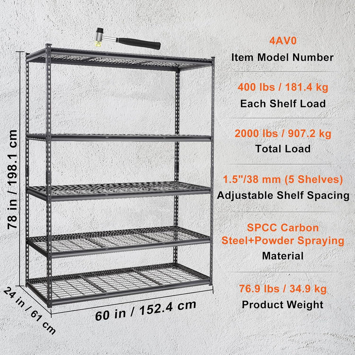 Storage Shelving Unit 5-Tier Adjustable 2000 lbs Capacity 60"x24"x78"