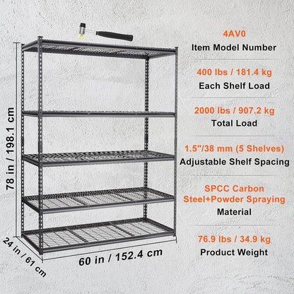 Storage Shelving Unit 5-Tier Adjustable 2000 lbs Capacity 60"x24"x78"