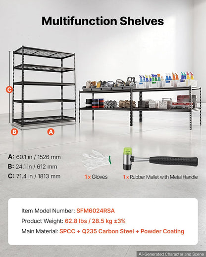 Storage Shelving Unit 5-Tier Adjustable 2000 lbs Capacity 60"x24"x78"