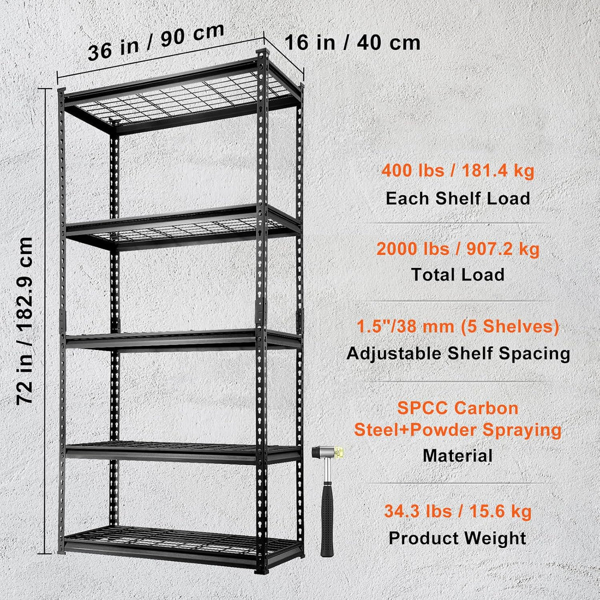 Storage Shelving Unit 5-Tier Adjustable 2000 lbs Capacity 60"x24"x78"