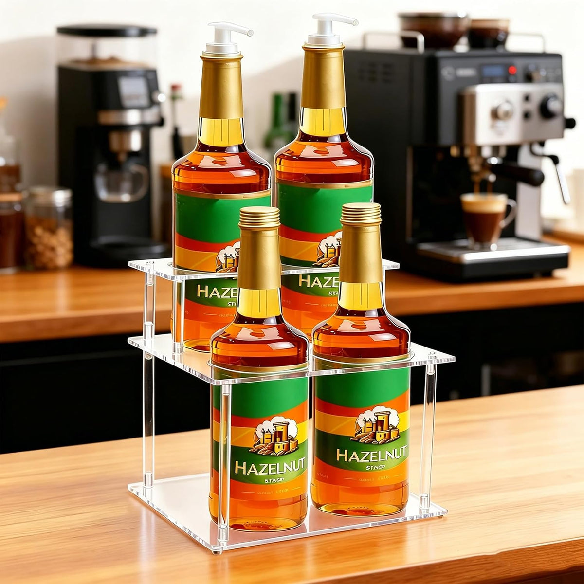 Acrylic Coffee Syrup Organizer, 2-Tier Coffee Station Organizer Holds 4 Syrup Bottles, Syrup Bottle Holder Stand Coffee Bar Accessories Kitchen Storage for Syrup,Wine,Condiments