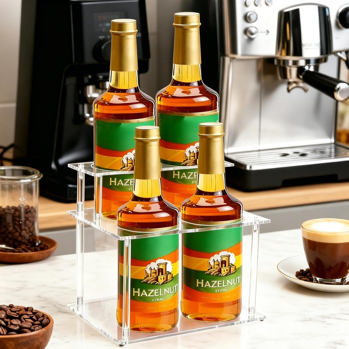 Acrylic Coffee Syrup Organizer, 2-Tier Coffee Station Organizer Holds 4 Syrup Bottles, Syrup Bottle Holder Stand Coffee Bar Accessories Kitchen Storage for Syrup,Wine,Condiments