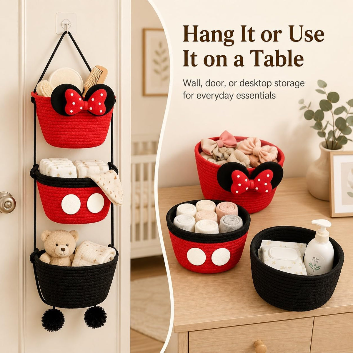3 Tier Hanging Basket Organizer Over Door Woven Storage Baskets with Hooks