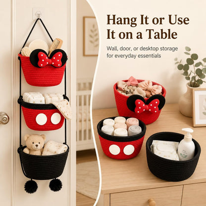 3 Tier Hanging Basket Organizer Over Door Woven Storage Baskets with Hooks