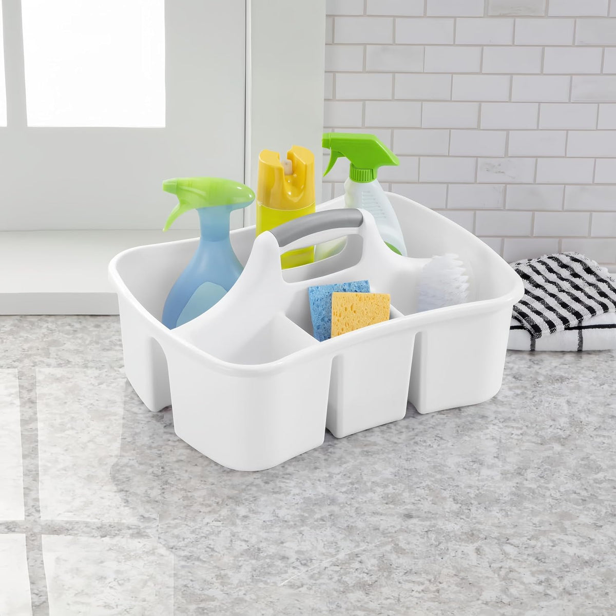 4-Compartment Cleaning Caddy Organizer with Handle, Large Plastic Utility Storage Tote for Under Sink & Kitchen Supplies, BPA-Free Portable Carry All for Sponges Brushes & Spray Bottles, White