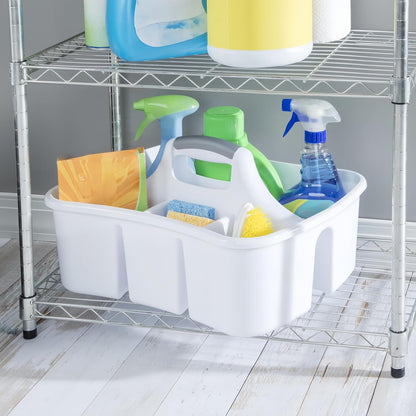 4-Compartment Cleaning Caddy Organizer with Handle, Large Plastic Utility Storage Tote for Under Sink & Kitchen Supplies, BPA-Free Portable Carry All for Sponges Brushes & Spray Bottles, White