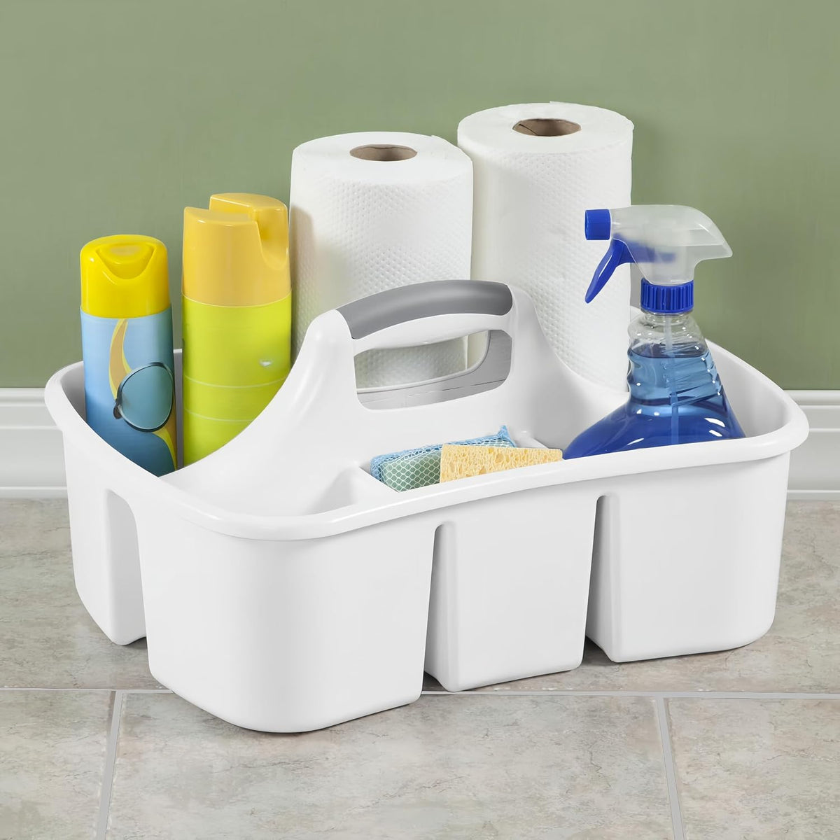 4-Compartment Cleaning Caddy Organizer with Handle, Large Plastic Utility Storage Tote for Under Sink & Kitchen Supplies, BPA-Free Portable Carry All for Sponges Brushes & Spray Bottles, White